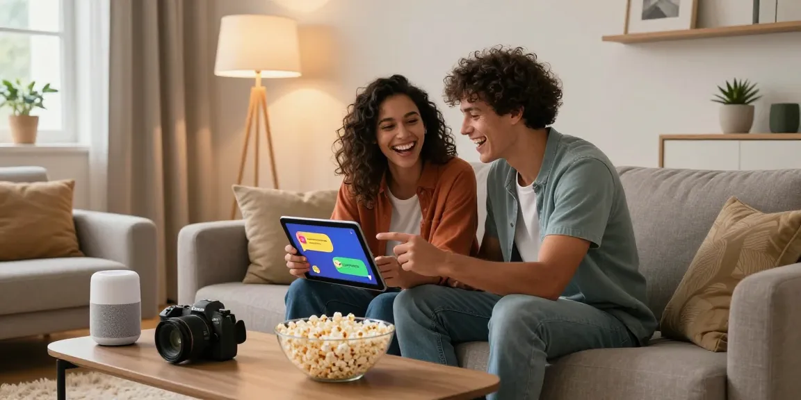 Young couple enjoying ai sex chat on a tablet in their stylish living room.
