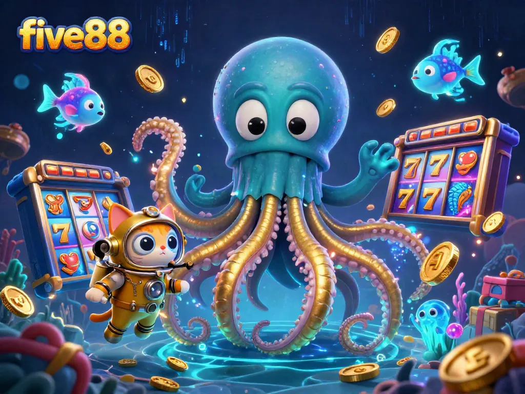 Engage with the exciting five88 slots, featuring a kraken and diving cat amidst vibrant game elements and treasures.
