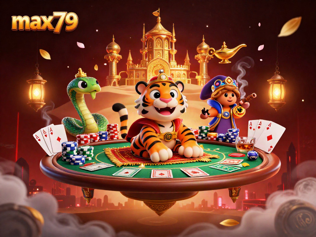 Engage with max79's vibrant casino magic featuring an Arabian Nights tiger sultan and poker elements.