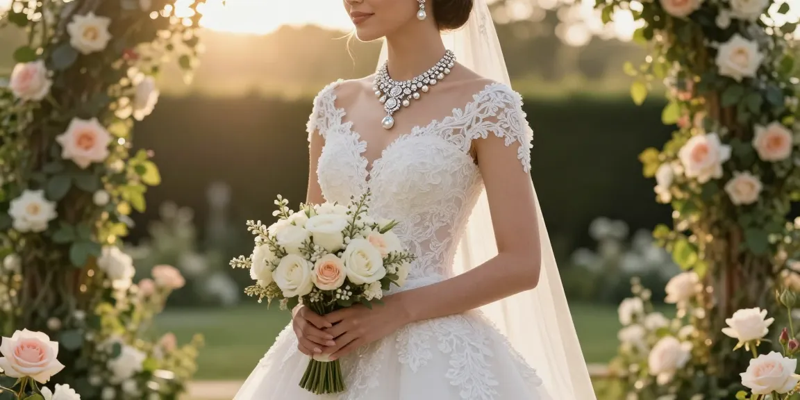Bridal jewellery set radiating elegance on a bride in a floral garden.