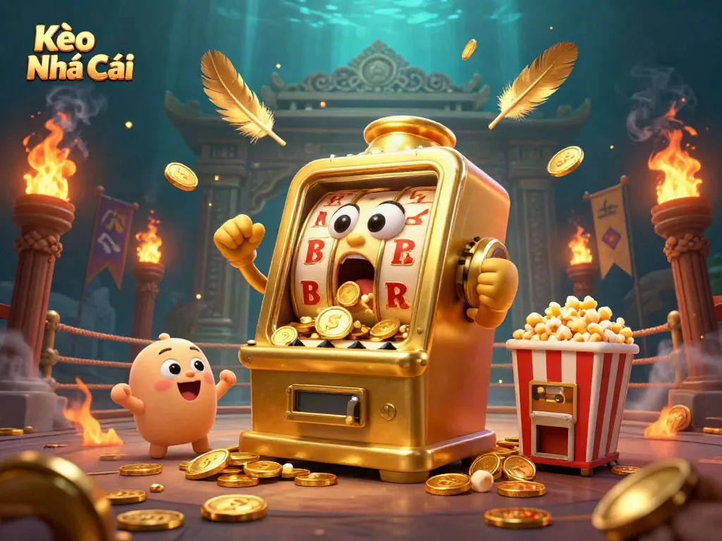 Witness Kèo Nhà Cái as the animated golden slot machine hits a jackpot, showers coins, surrounded by vibrant gaming elements.