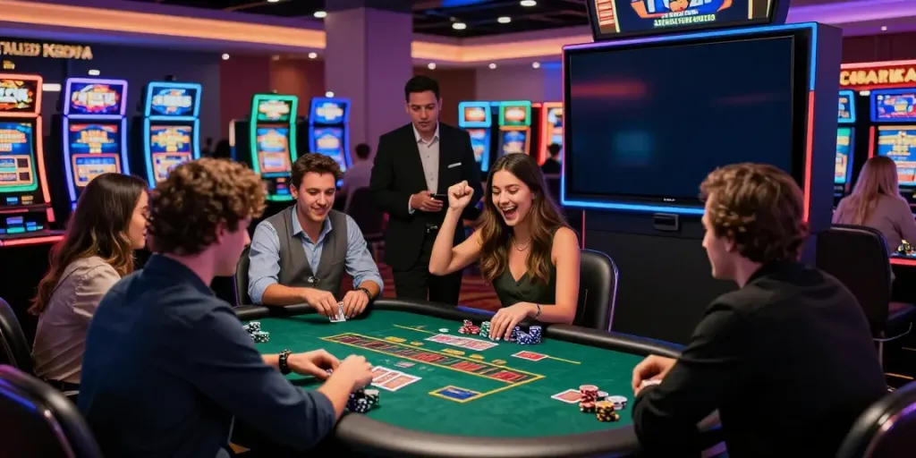 Exciting atmosphere at online casinos that accept credit card with players enjoying games and celebrating wins.