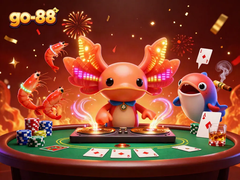 Experience thrilling gaming at go-88 with a neon axolotl DJ turning tables under a vibrant casino atmosphere.