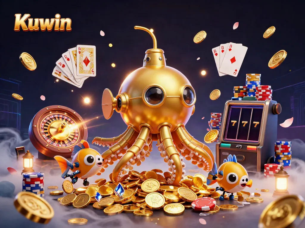 Kuwin showcases a dynamic 3D scene of a golden kraken submarine amidst flying coins and casino elements.