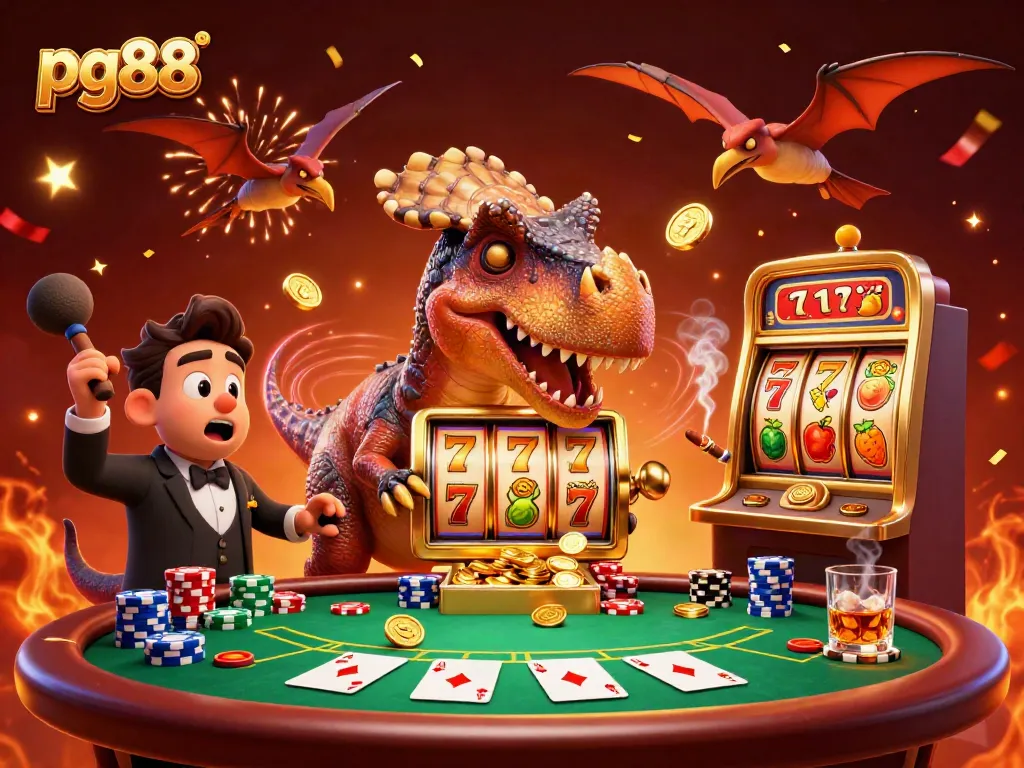 pg88 jackpot celebration scene with dinosaurs and slot machine, vibrant casino atmosphere