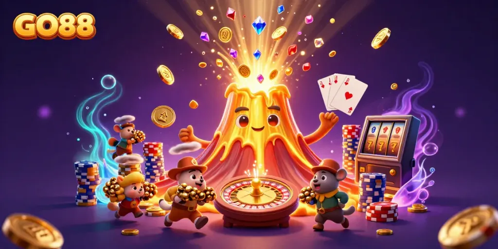 Experience GO88's vibrant casino world with a golden volcano, rich treasures, and dynamic gambling action.