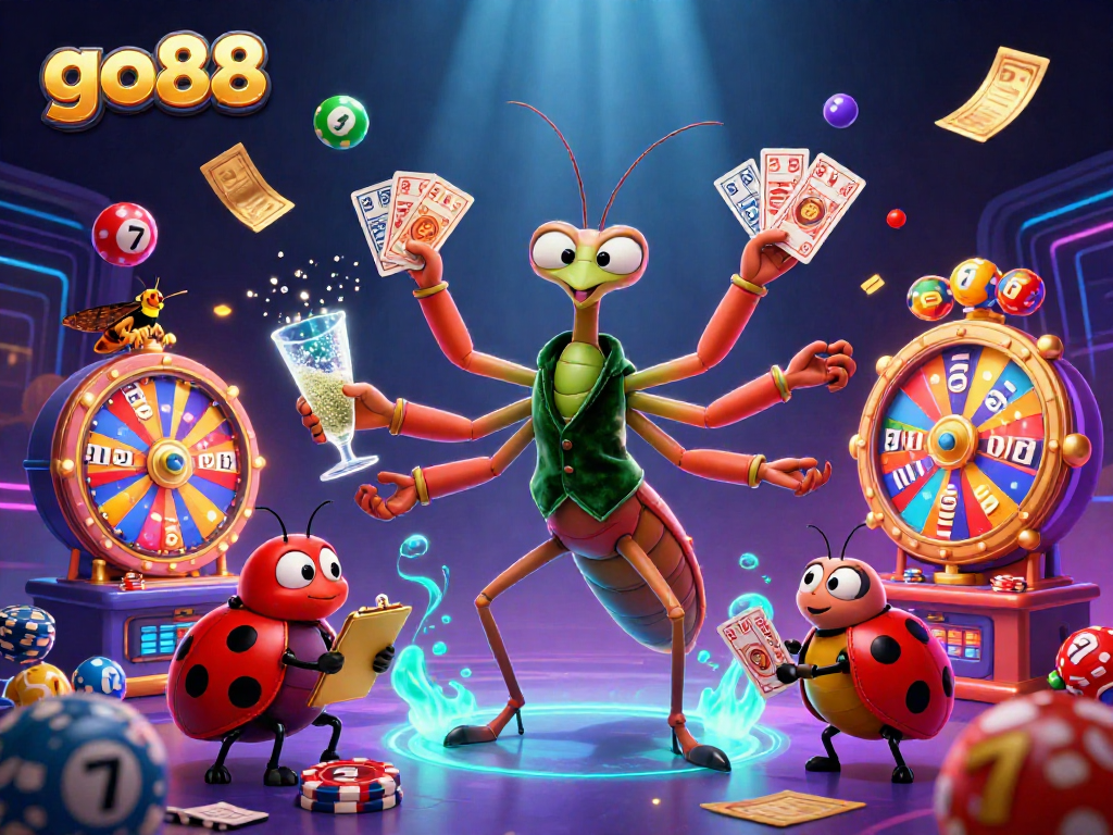 Engage in exhilarating gameplay at go88 with a giant mantis card sharp in a bustling casino scene.