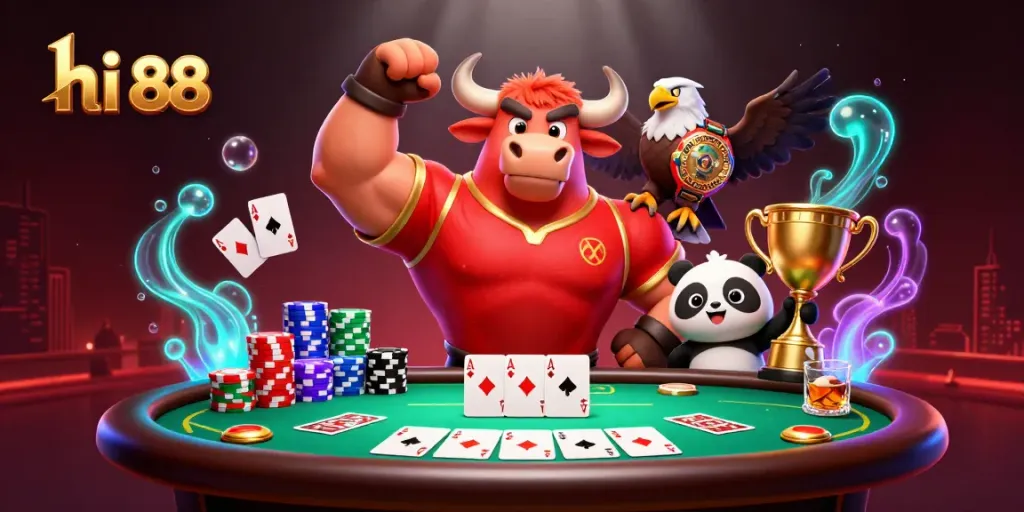 Win at hi 88 with dynamic 3D characters celebrating casino victory among poker game elements.