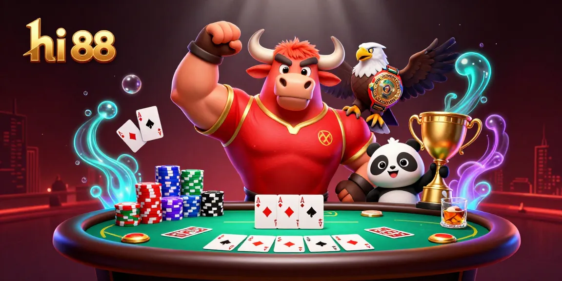 Win at hi 88 with dynamic 3D characters celebrating casino victory among poker game elements.