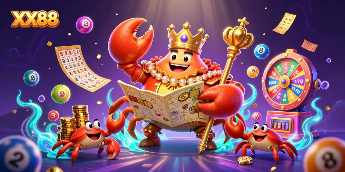 Experience thrilling wins at XX88 with a colorful 3D scene featuring lottery excitement and a golden crab emperor.