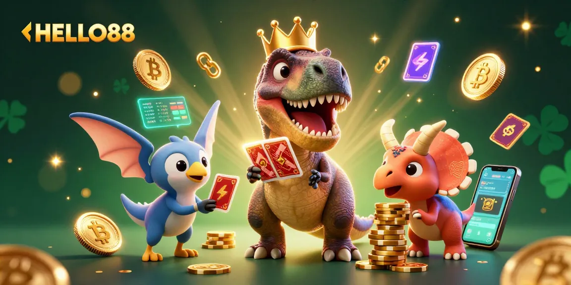 Experience the fun at HELLO88 with a 3D scene featuring cartoon dinosaurs shuffling cards and stacking chips.