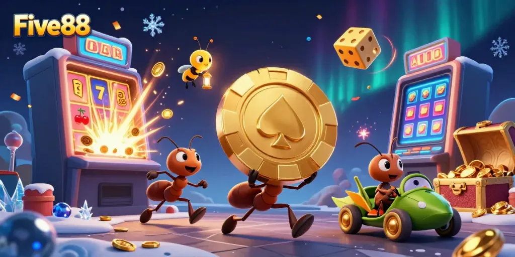 Experience thrilling gaming at Five88 with ants heisting a giant poker chip amid vibrant casino elements.