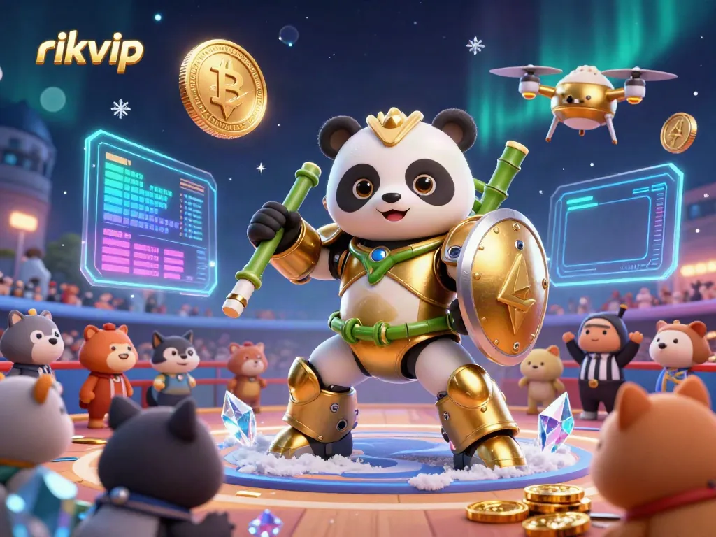 Engage with rikvip's exciting game features in a vibrant 3D illustration showcasing a panda in a mech suit.