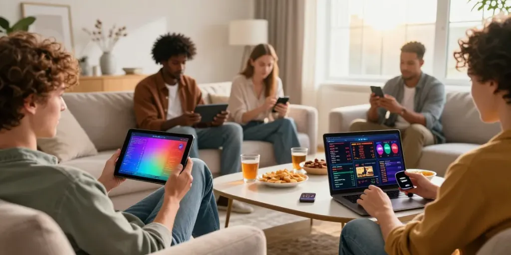 Group of friends enjoying games at non GamStop casinos in a stylish living room.