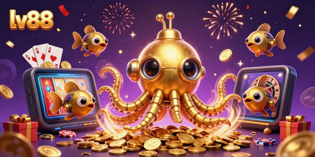 lv88 slot games come alive with a golden kraken submarine amidst coins and confetti