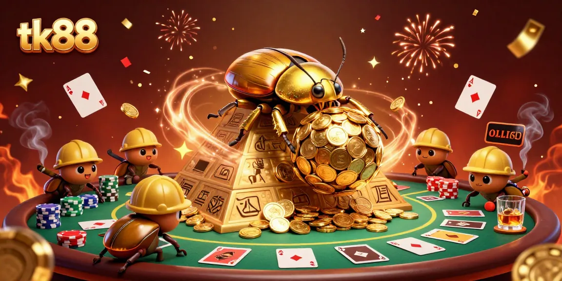 Experience thrilling casino action with tk88's vibrant 3D casino illustration featuring golden beetles and poker elements.
