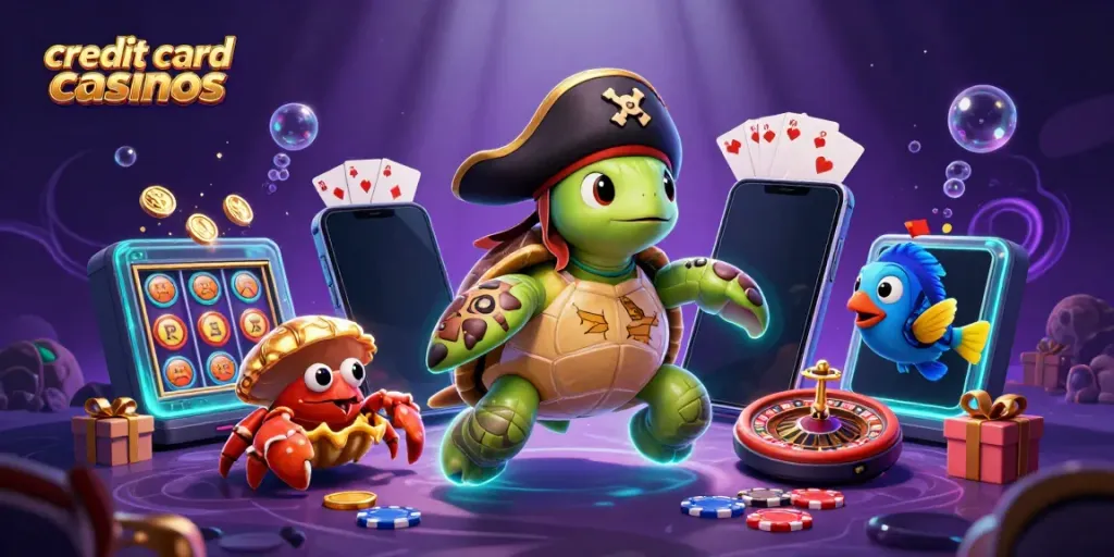 Engaging scene showcasing credit card casinos with a pirate turtle, crab, and parrotfish amidst treasure.