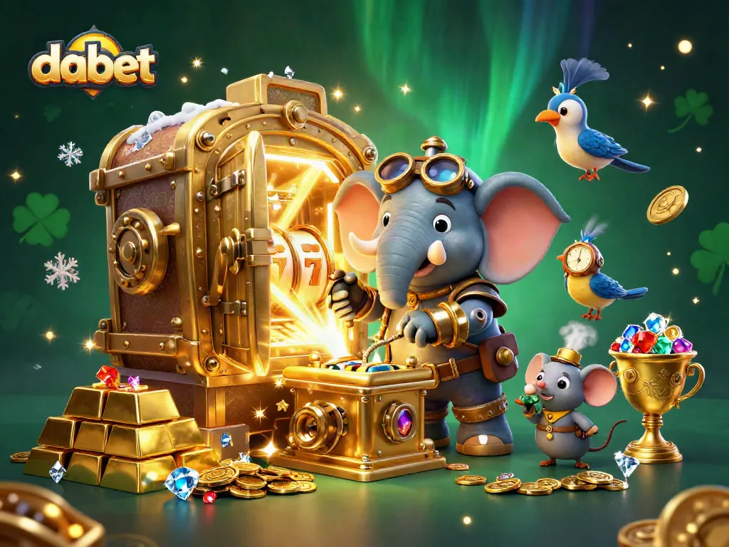 Spin the golden slot machine at Dabet with this dynamic 3D casino scene full of treasures.