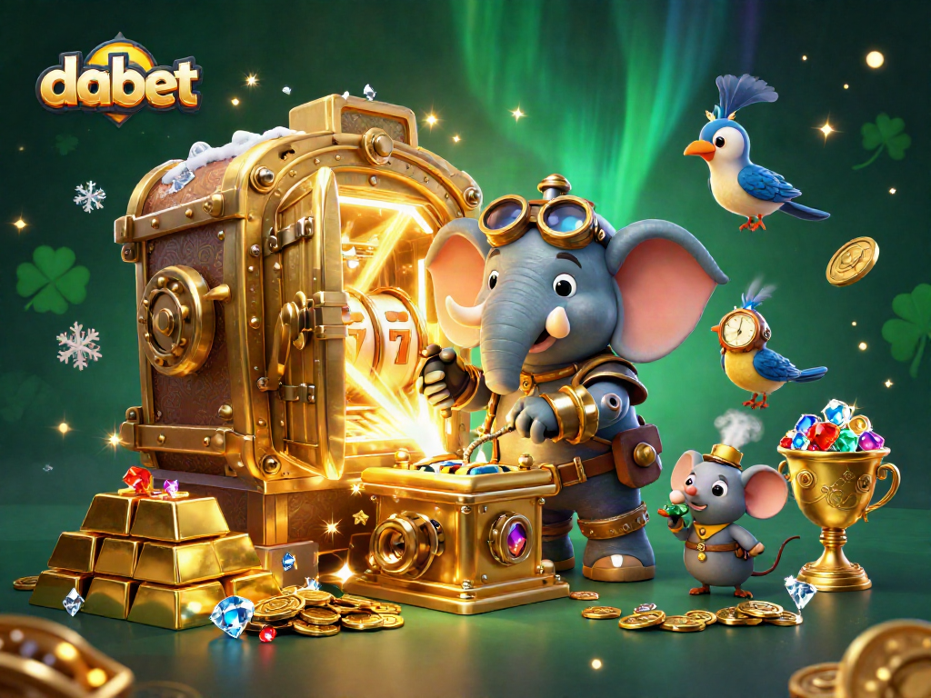Spin the golden slot machine at Dabet with this dynamic 3D casino scene full of treasures.
