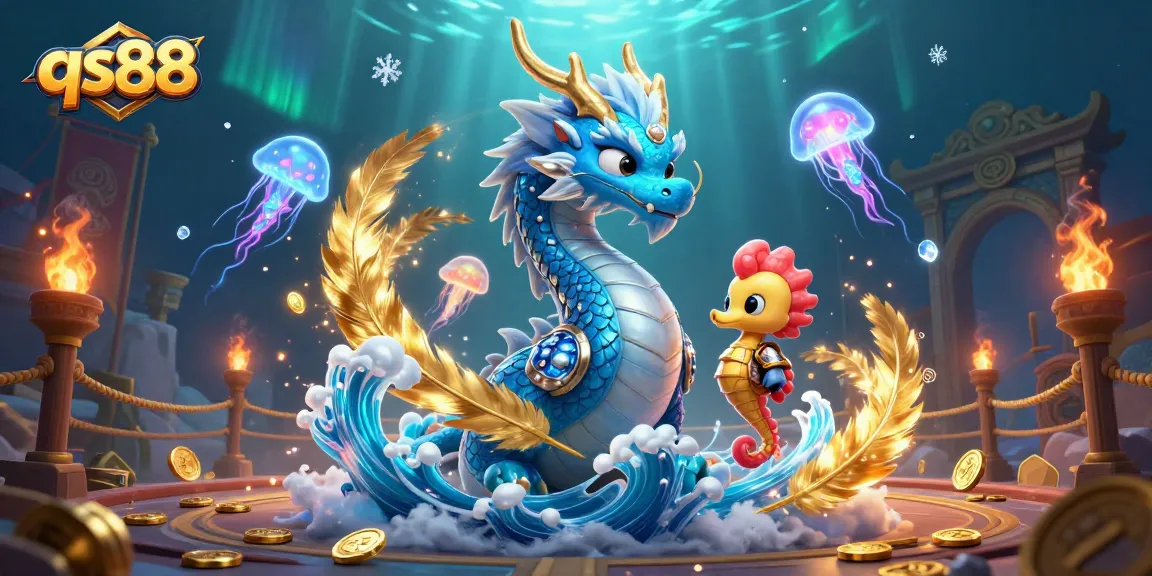 Engage in thrilling gameplay at qs88 with an azure water dragon and coral knight in a vibrant underwater scene.