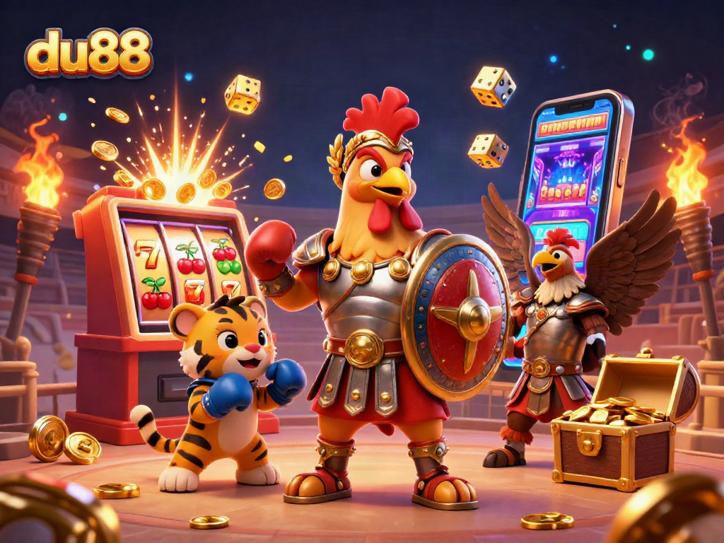 Engage in thrilling du88 casino action with a dynamic 3D illustration showcasing a gladiator rooster and exciting gaming elements.