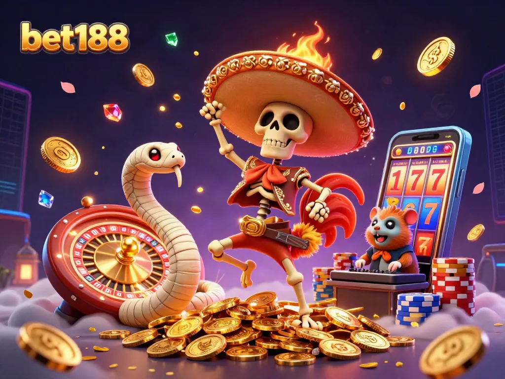 Experience the excitement of bet188 with a lively 3D casino scene featuring unique characters and vibrant gaming elements.