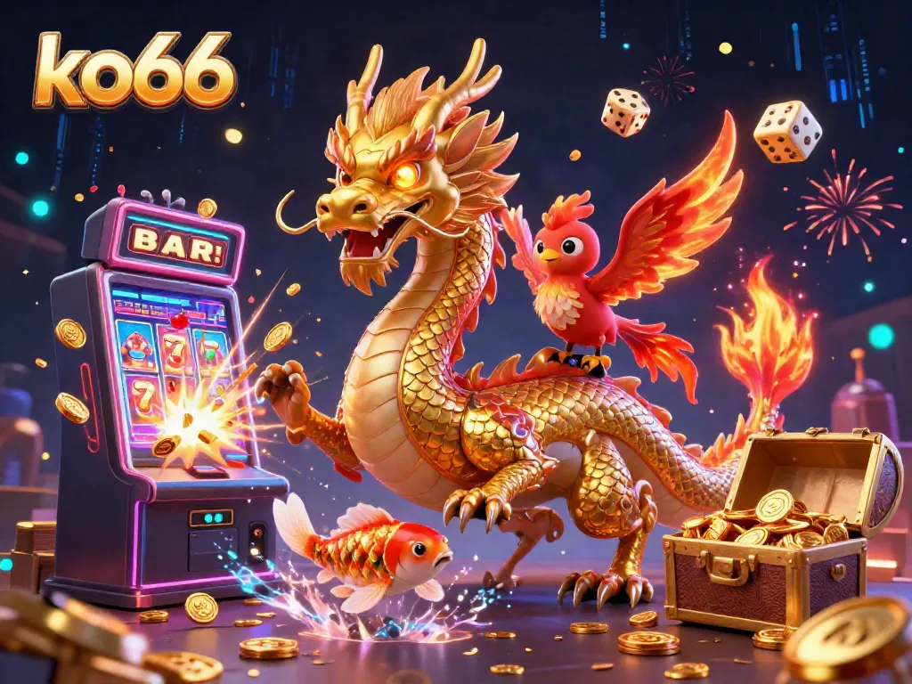 Win big at ko66 with a vibrant scene featuring a golden dragon, flaming phoenix, and a jackpot slot machine.