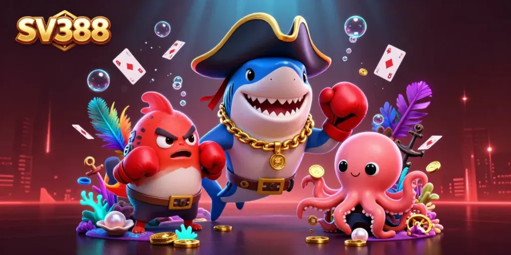SV388's exciting cockfighting scene featuring cartoon shark, pufferfish, and octopus, rich with game elements.