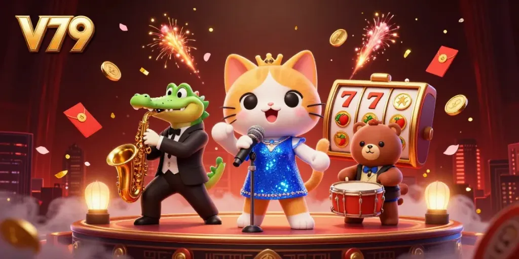 V79 presents an exciting casino scene with a jazz-singer cat, a saxophone-playing crocodile, and a drum-playing bear, celebrating gaming.