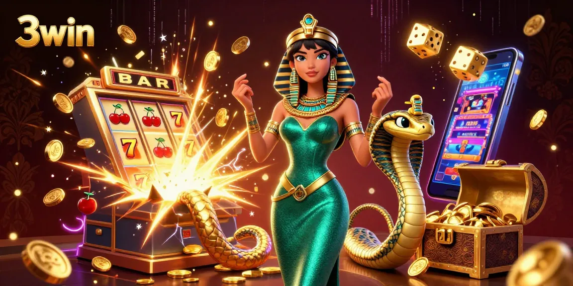 3win showcases a vibrant casino scene with a glamorous woman, explosive slot machine, and gold treasures.