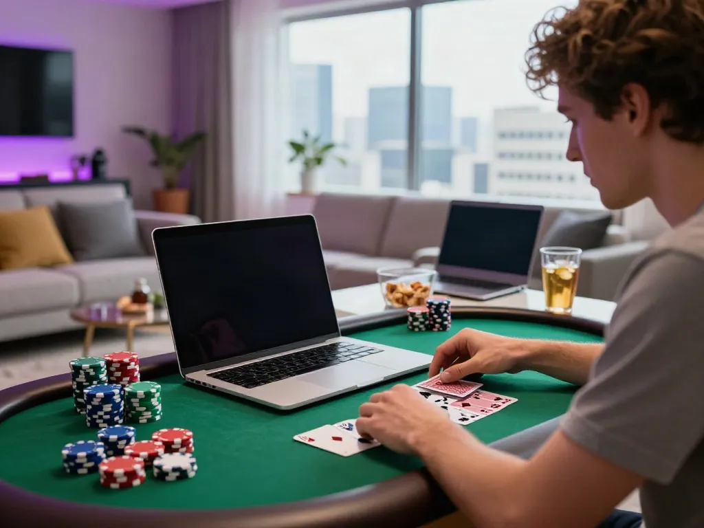 Engaging scene of an individual enjoying non gamstop casinos while playing poker on a laptop in a stylish living room.