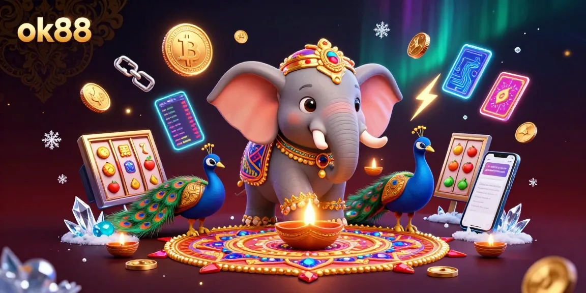 Engage with the vibrant action of ok88, featuring a festive elephant amidst dazzling casino elements.