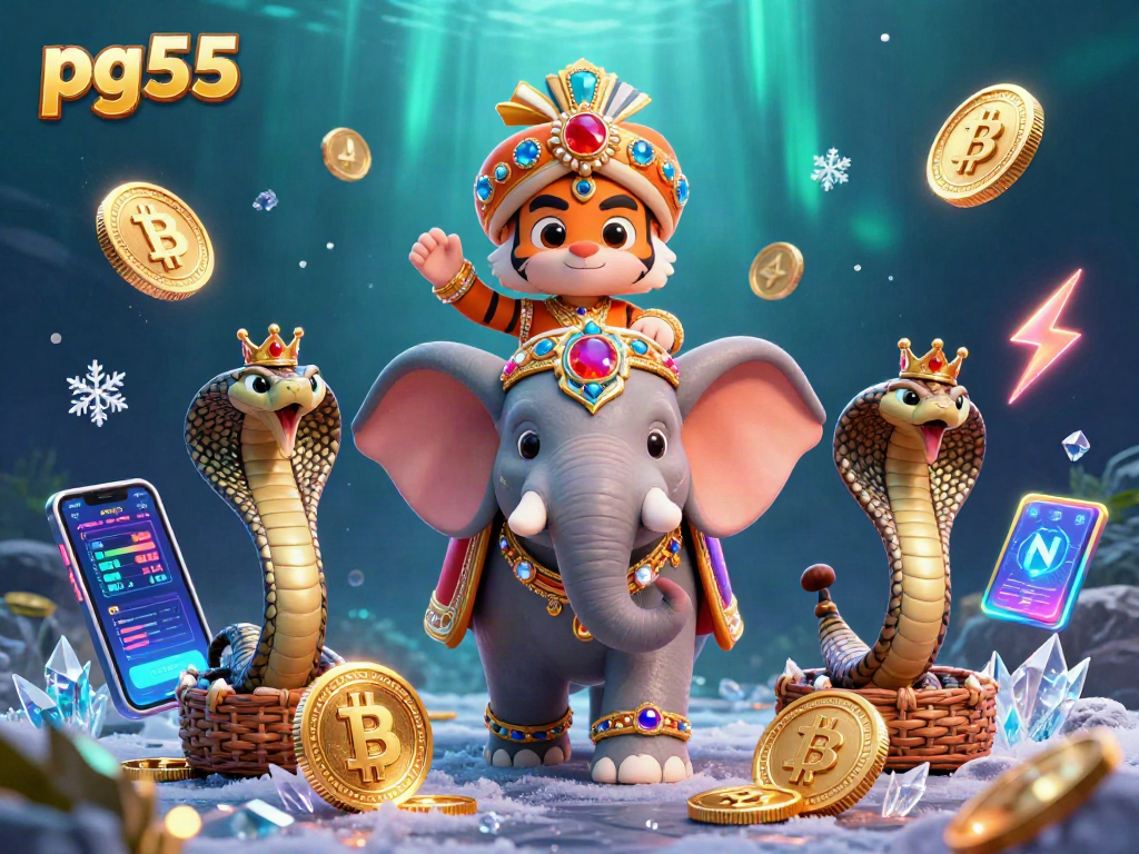 Win big at pg55 with vibrant 3D illustration of a maharaja, elephant, and crypto elements.