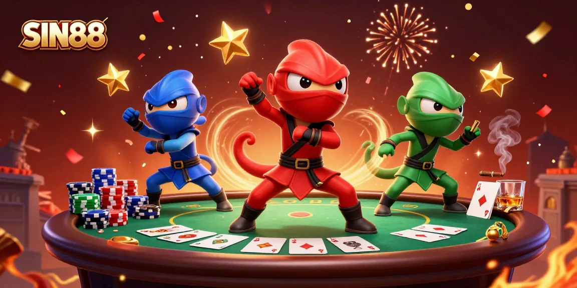 SIN88 showcases ninja chameleons in vibrant action, surrounded by poker dynamic elements.