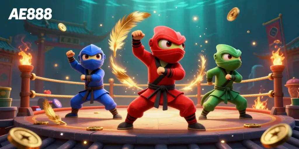 Join the action at AE888 with ninja chameleons in combat on a dynamic rooftop setting.