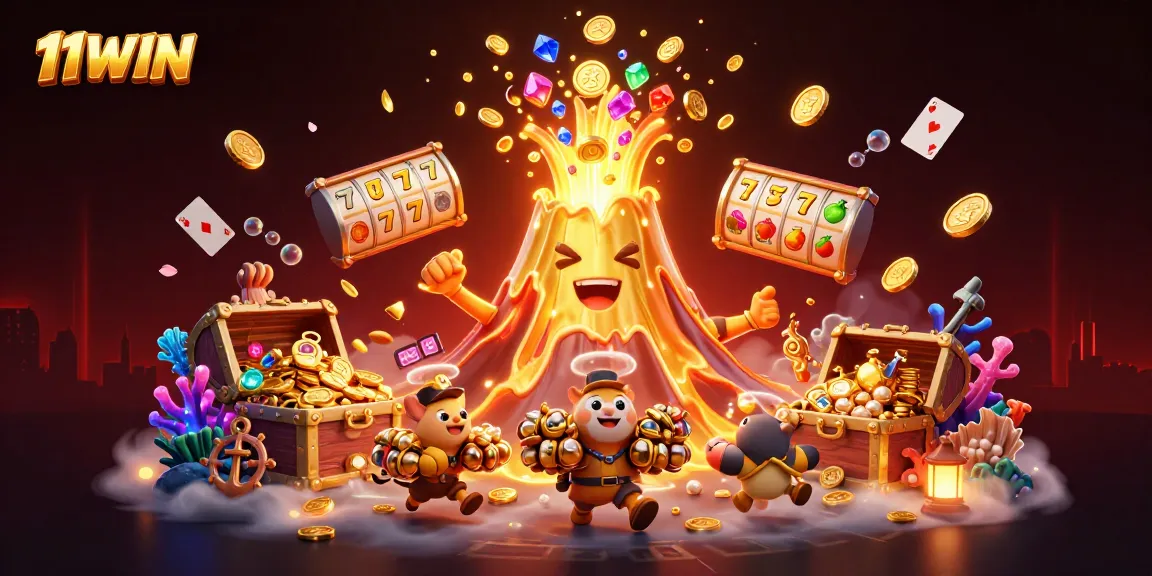 Experience the thrilling adventure of 11WIN with a vibrant scene of treasure-filled excitement and playful characters.