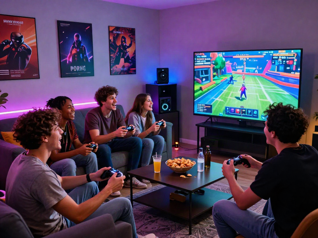Group of friends enjoying a porngame in a vibrant gaming lounge