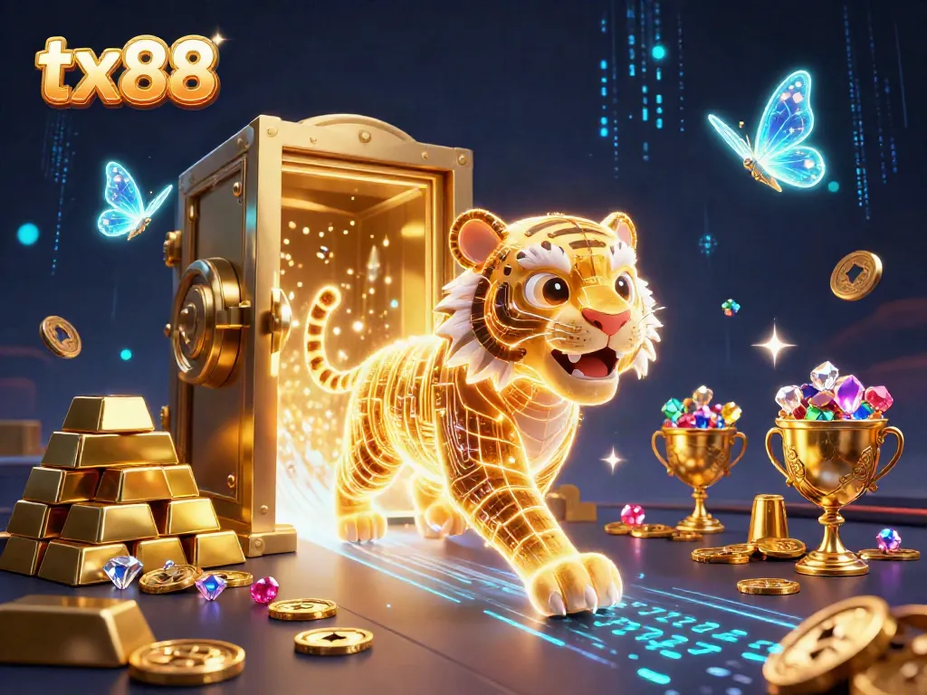Experience the excitement of tx88 with a vibrant 3D casino scene showcasing a golden tiger and treasures.