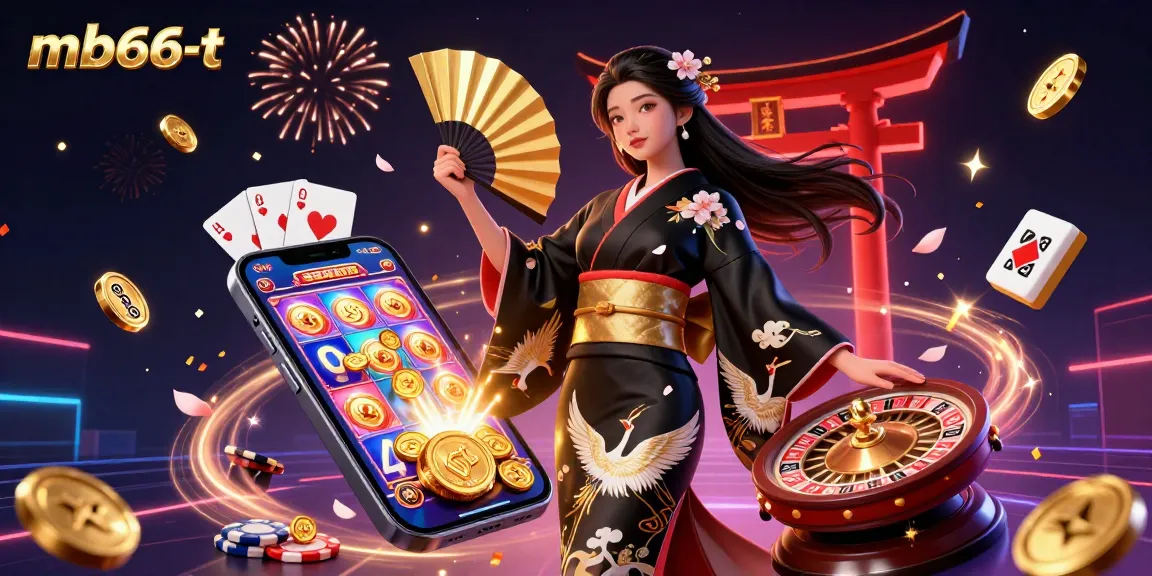 Engage in exciting gameplay at mb66-t with a vibrant illustration of casino elements and a lucky woman.