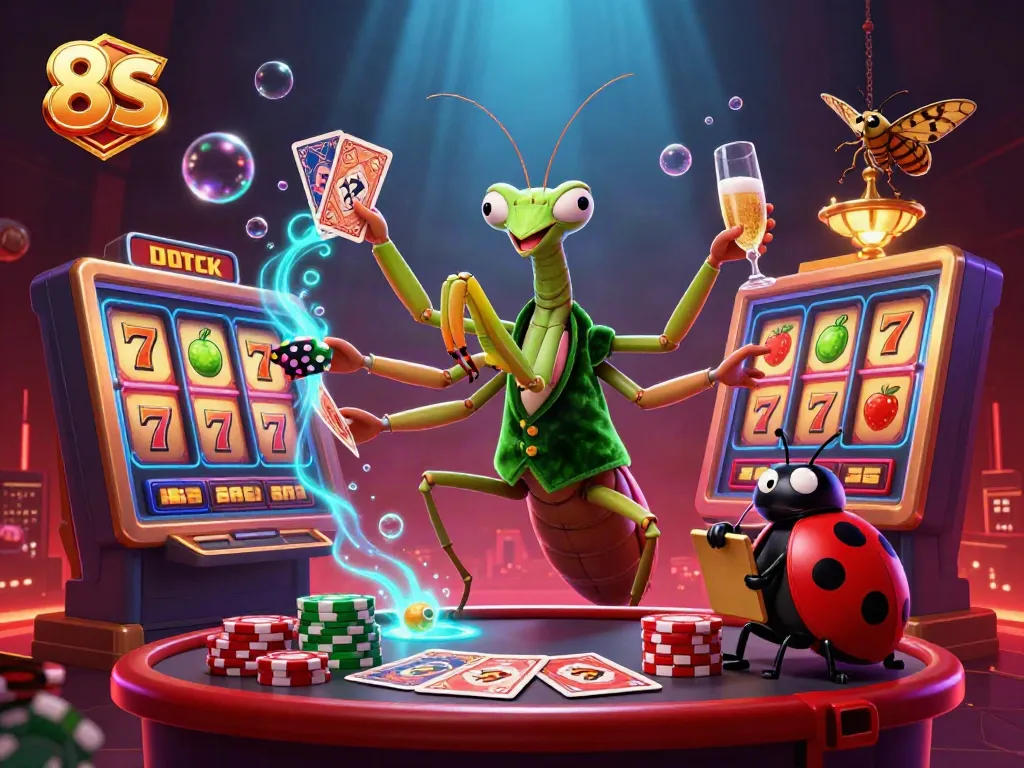 Experience the excitement of 8S with a dynamic cartoon scene featuring a mantis dealer and vibrant casino elements