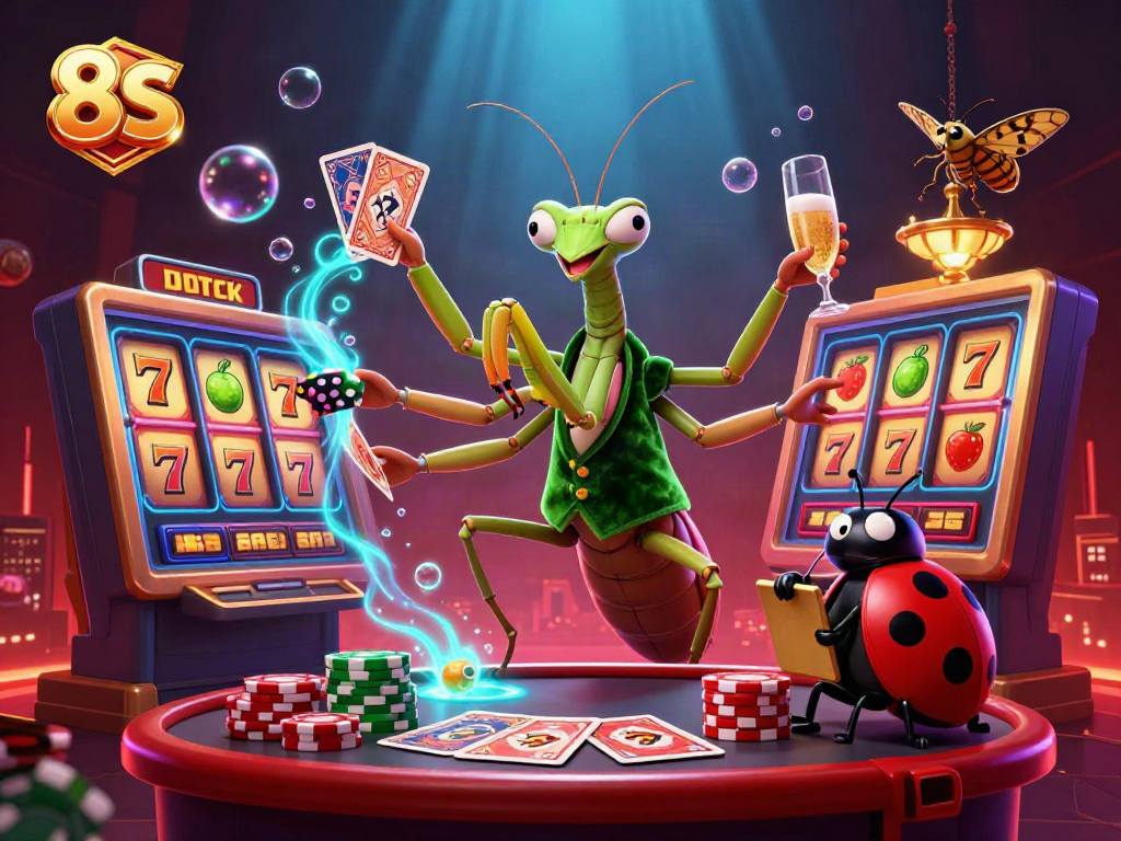 Experience the excitement of 8S with a dynamic cartoon scene featuring a mantis dealer and vibrant casino elements