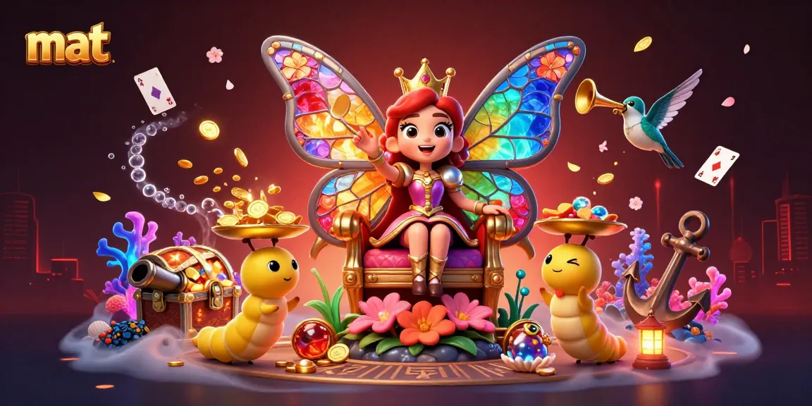 Slot games at mat featuring a butterfly queen and golden chips, creating an immersive gaming experience.