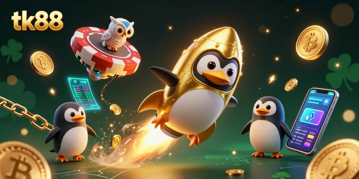 Engage with tk88's thrilling casino experience as a golden penguin soars through a vibrant digital universe.