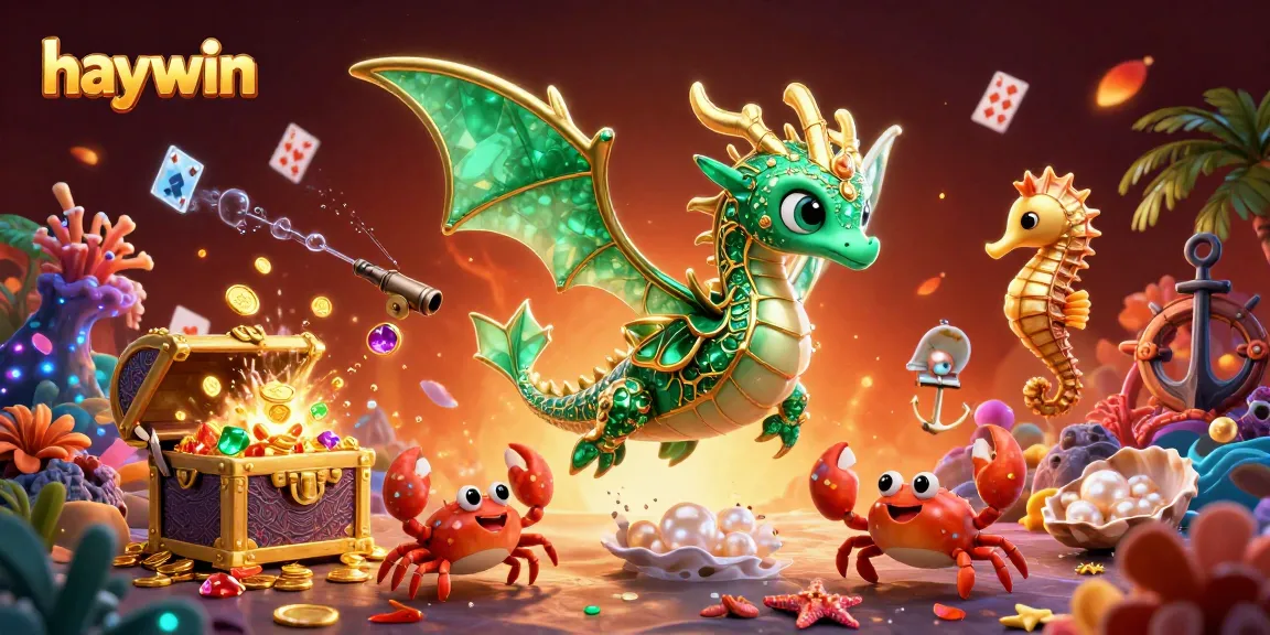 Experience excitement at haywin with a dazzling sea dragon guarding treasures amidst casino-themed elements.