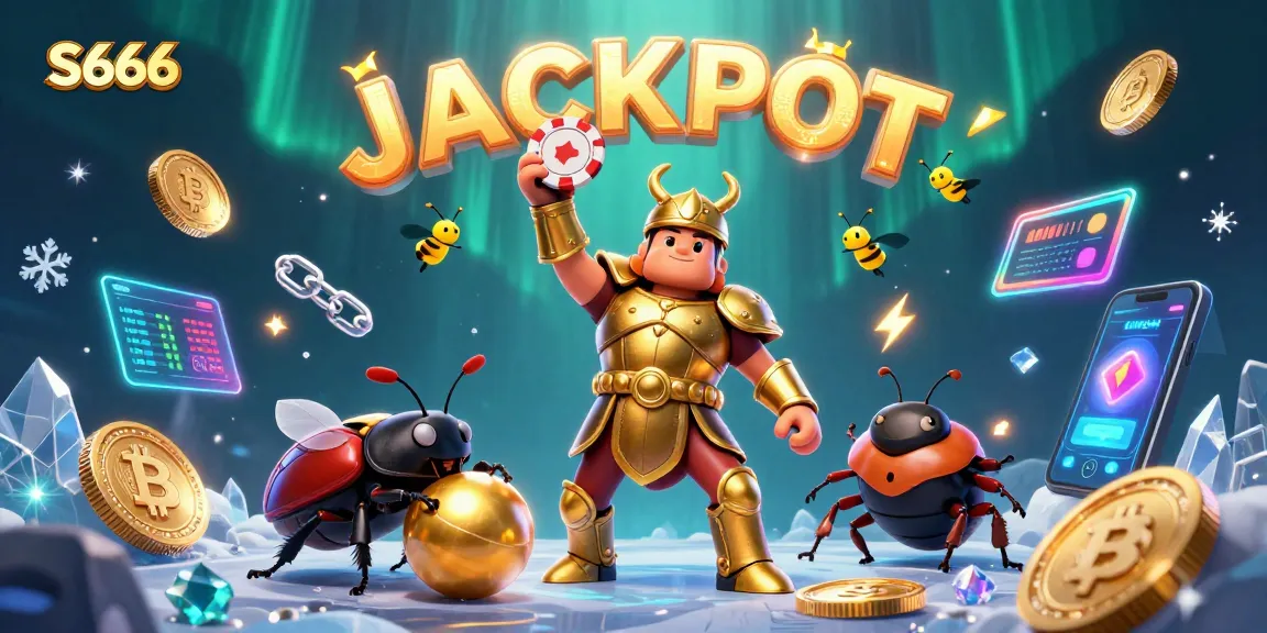 S666 showcases a heroic beetle celebrating a jackpot victory amidst vibrant casino elements.