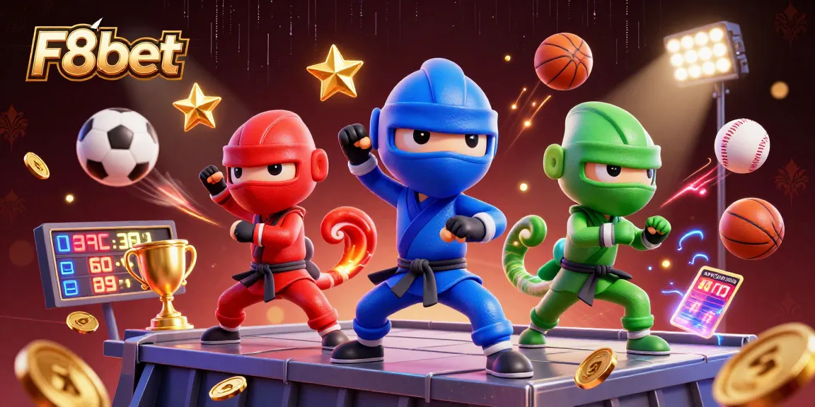 F8bet offers thrilling experiences with vibrant chameleon ninjas showcasing martial arts in an exciting casino scene.