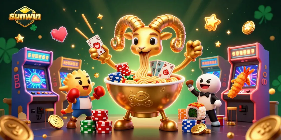 Experience the exciting world of sunwin, where giant ramen bowls deal cards in a vibrant online casino atmosphere.
