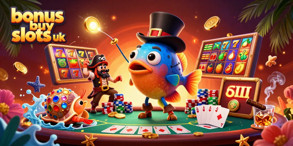 Explore bonus buy slots UK with a 3D anglerfish, shrimp, and snail at a vibrant poker table.
