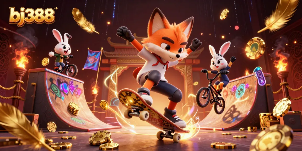 Experience exciting gameplay at bj388 with a dynamic scene featuring cartoon characters and casino elements.