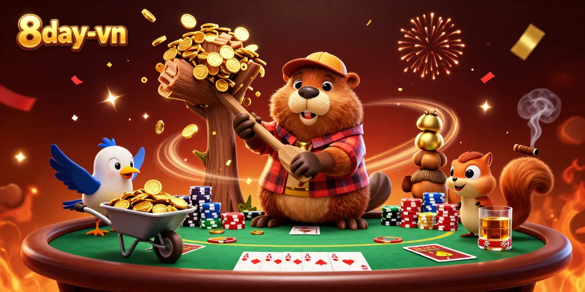 Experience thrilling play at 8day-vn with a lively casino scene featuring cheerful characters and vibrant elements.